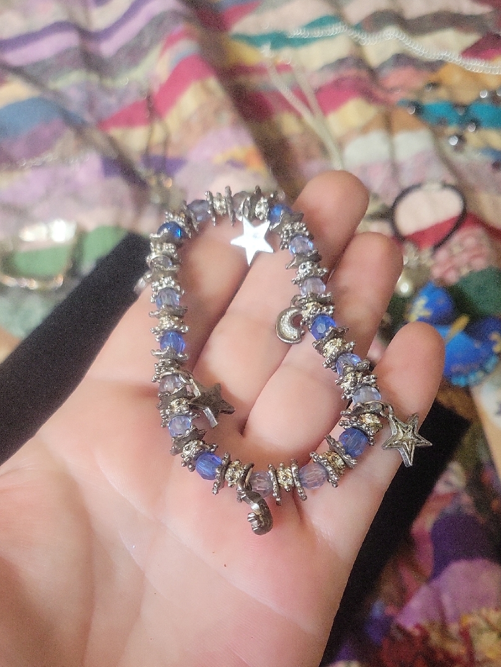 Silver-Tone Blue Bead Charm Bracelet with Star & Moon Charms